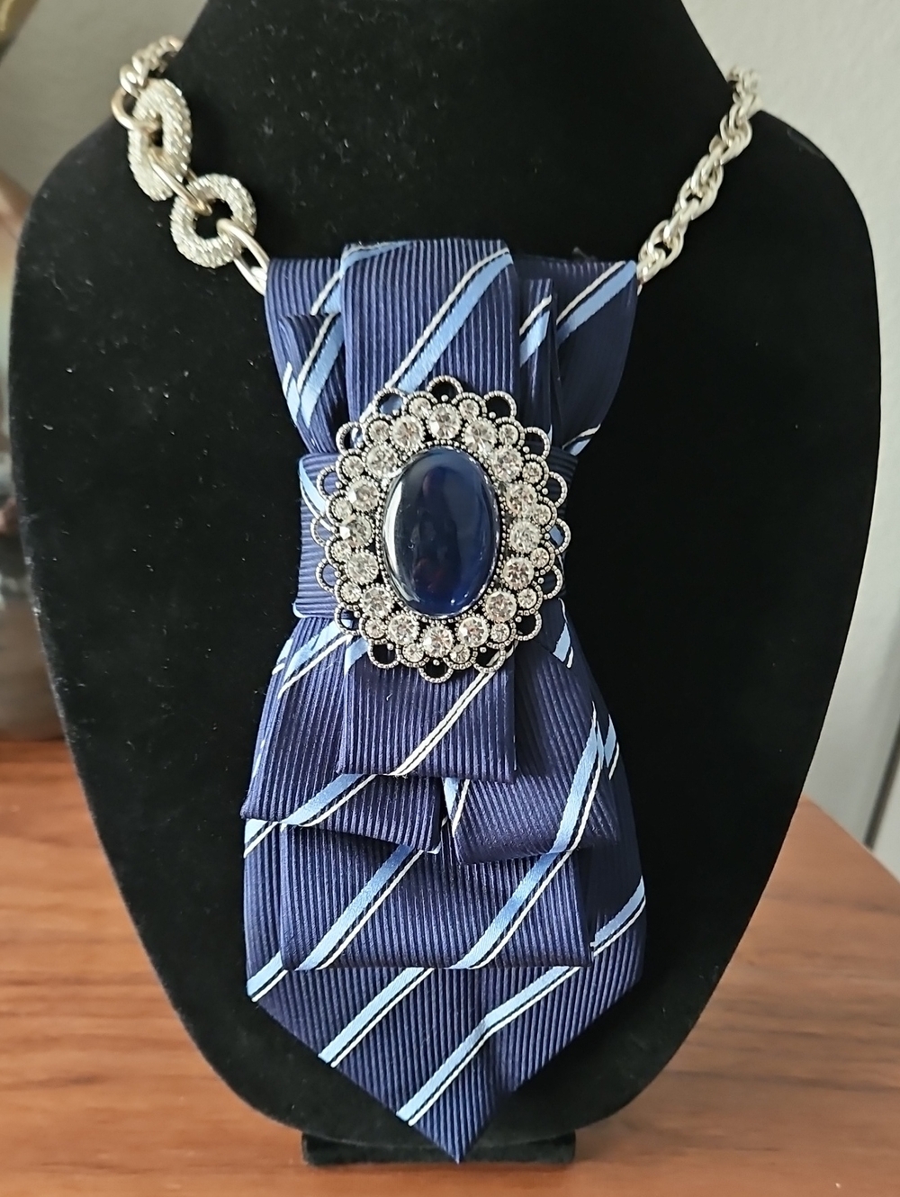 Upcycled Donald J Trump Necktie Necklace with Blue Stone & Crystal Brooch
